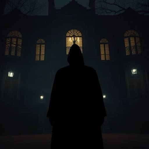 Scene from the mystery show 'The Blackwood Enigma', featuring a dimly lit manor and a mysterious figure.